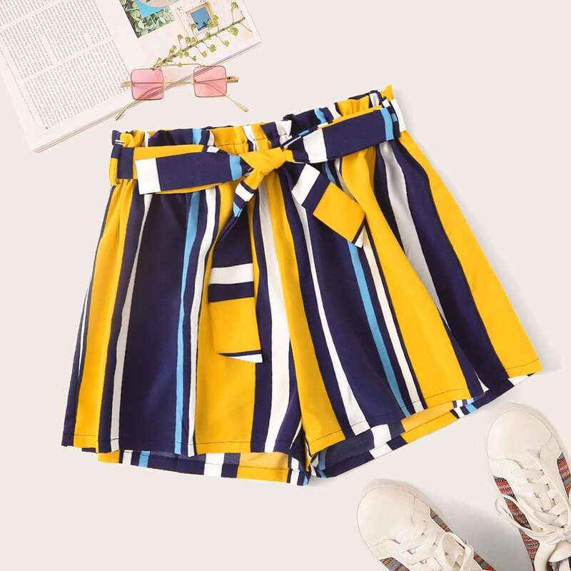 

Striped Elastic Waist Belted Shorts, Multicolor