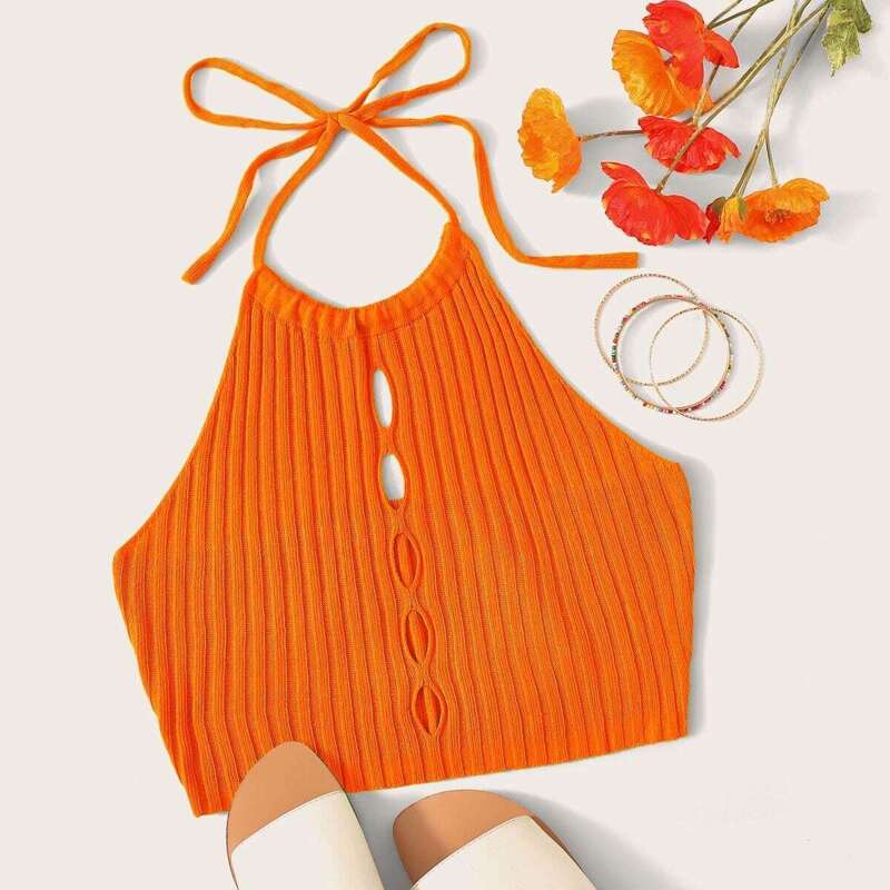 

Neon Orange Tie Back Cut-out Crop Knit Top, Orange bright