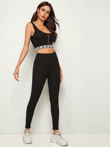 SHEIN EZwear Solid Rib-knit Leggings - Black - View 5