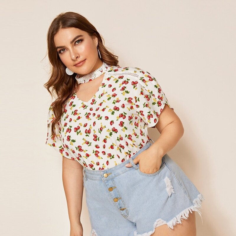 

Plus Strawberry & Floral Print Choker Neck Blouse, Multicolor