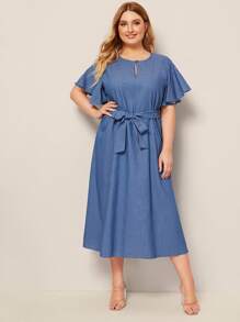 Plus Butterfly Sleeve Button keyhole Belted Denim Dress