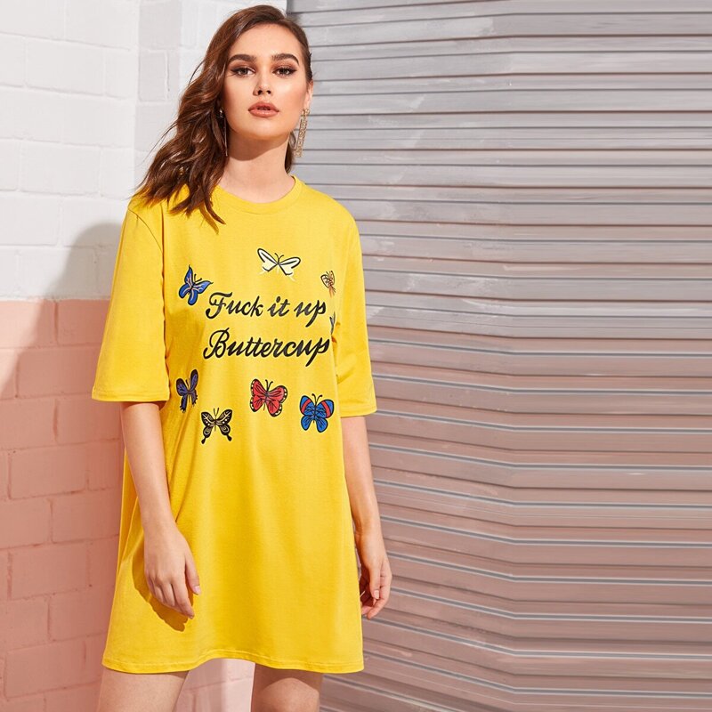 

Butterfly & Letter Print Drop Shoulder T-shirt Dress, Yellow