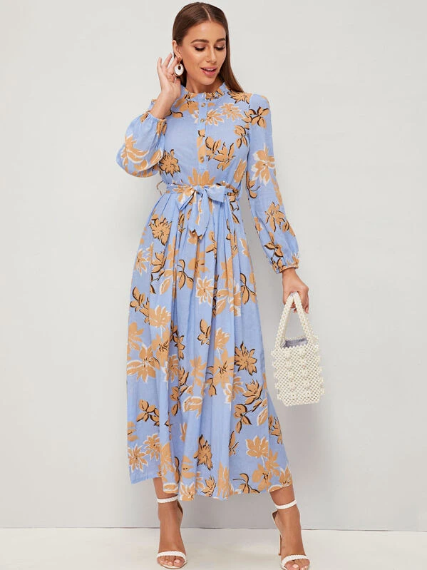 floral print frill neck belted dress