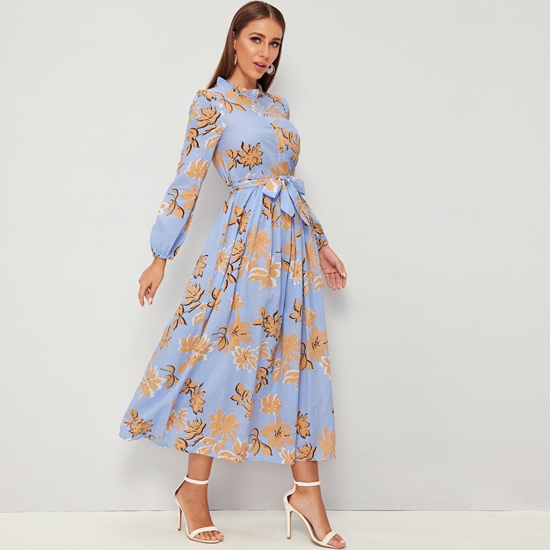 

Floral Print Frill Neck Belted Dress, Blue