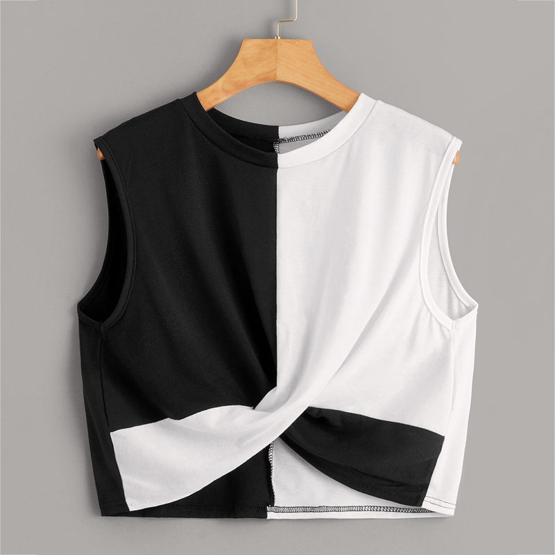 

Two Tone Twist Front Tank Top, Black and white