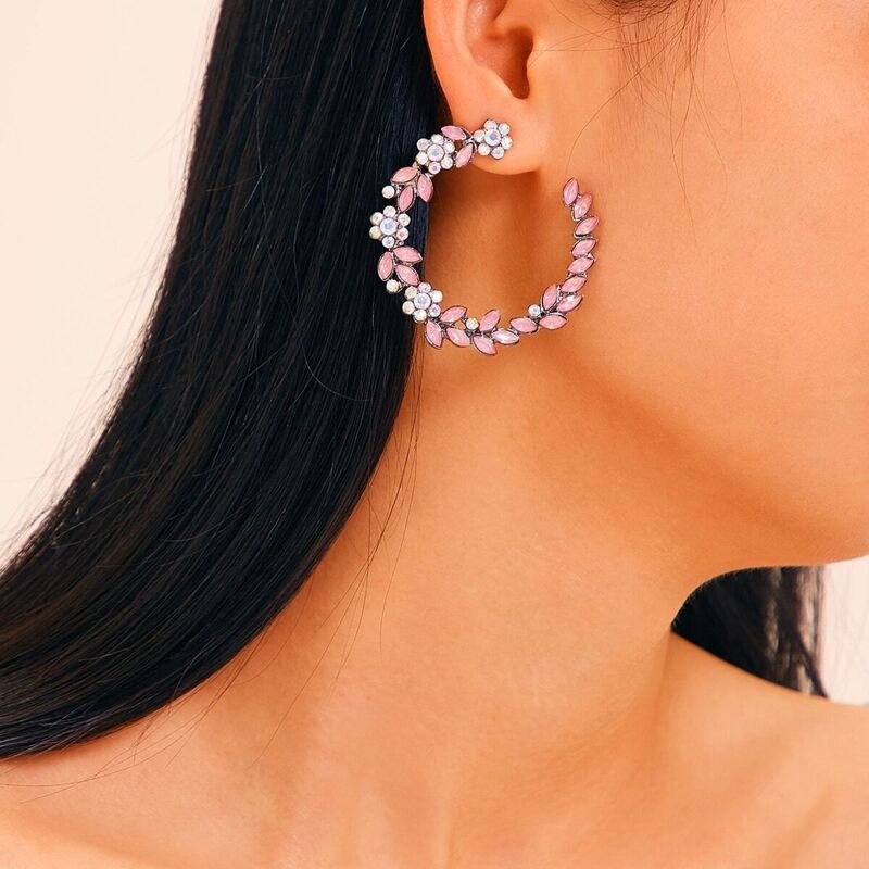 

Gemstone Engraved Cuff Hoop Earring 1pair, Pink