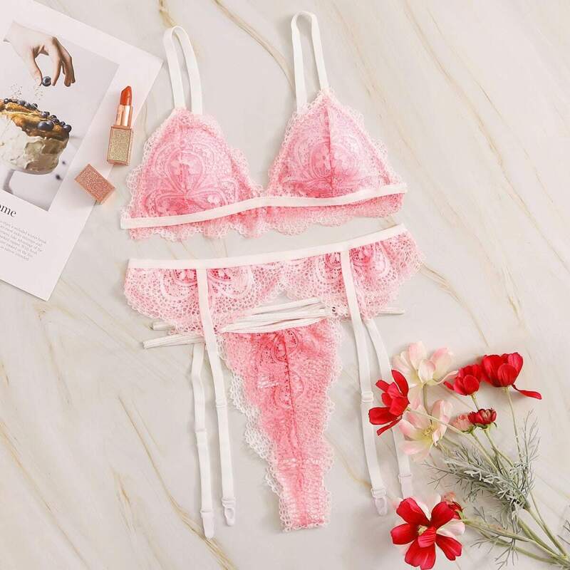 

Floral Lace Garter Lingerie Set, Pink