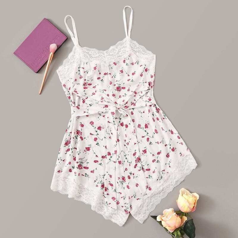 

Ditsy Floral Lace Trim Belted Romper Bodysuit, White
