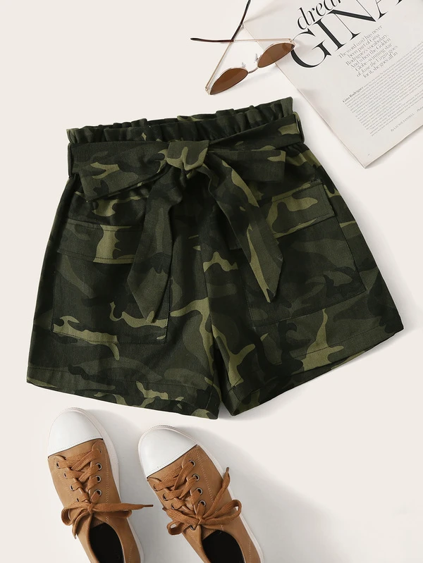 camo paper bag shorts