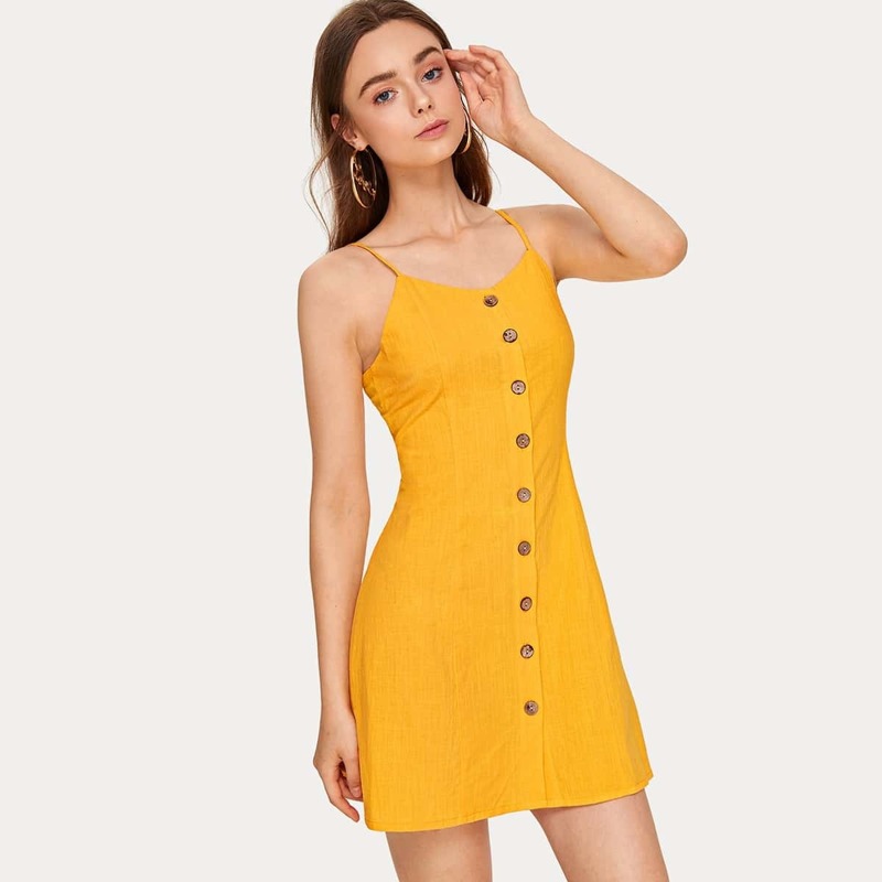 

Button Front Criss Cross Back Cami Dress, Yellow