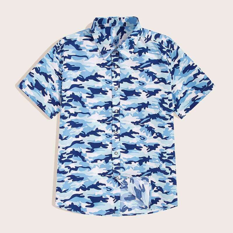 

Guys Camo Print Button Front Shirt, Blue
