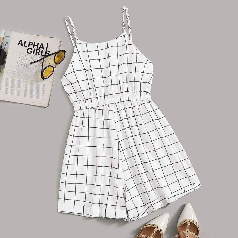 

Window Pane Plaid Cami Playsuit, White