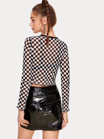 Mesh Check Plaid Lettuce Trim Sheer Tee Without Bra