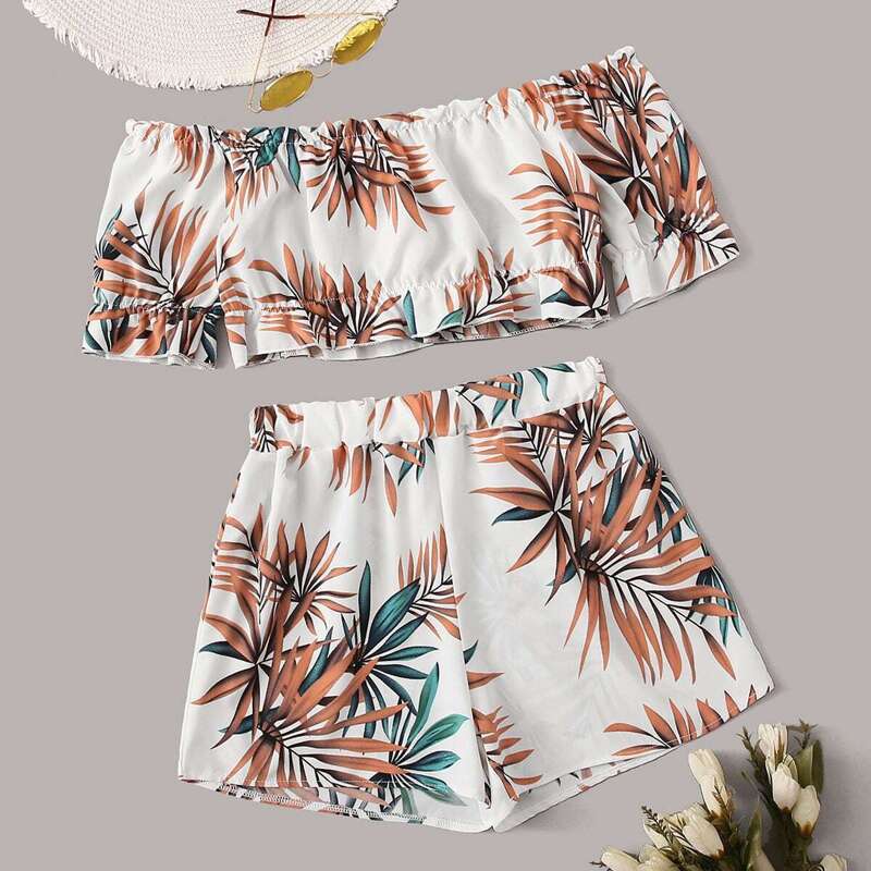 

Tropical Print Off Shoulder Top With Shorts, Multicolor