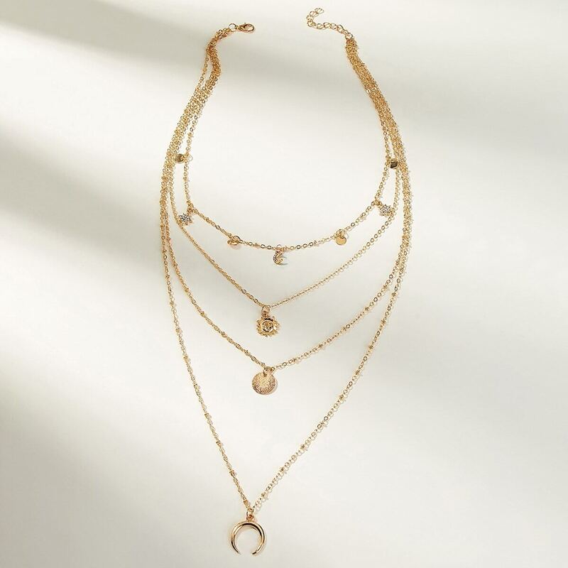 

Moon & Disc Layered Chain Necklace 1pc, Gold