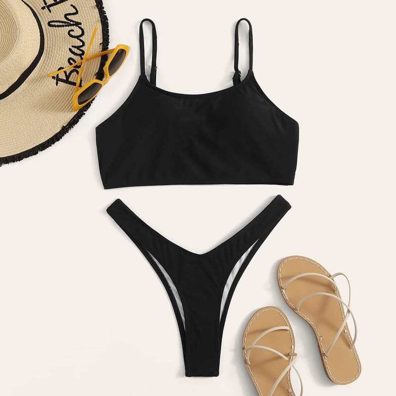 

Spaghetti Strap Top With High Cut Bikini Set, Black