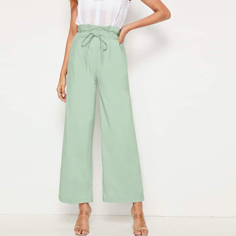 

Drawastring Waist Wide Leg Paperbag Pants, Green