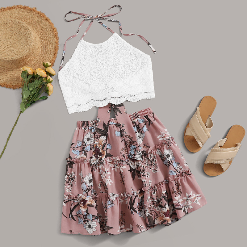 

Tie Back Scallop Trim Lace Top & Floral Skirt, Multicolor