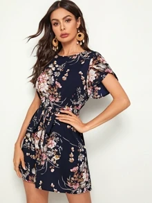 SHEIN 印花花瓣袖繫腰帶連衣裙 - 藏蓝色 - 查看 5