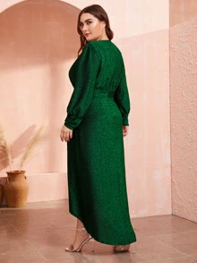 SHEIN Plus Lantern Sleeve Wrap Dip Hem Glitter Dress - Dark Green - View 2