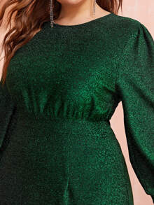 SHEIN Plus Lantern Sleeve Wrap Dip Hem Glitter Dress - Dark Green - View 3