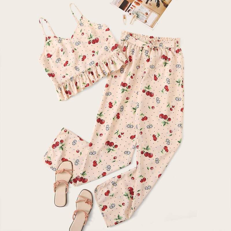

Cherry & Dot Ruffle Cami & Paperbag Waist Pants PJ Set, Beige
