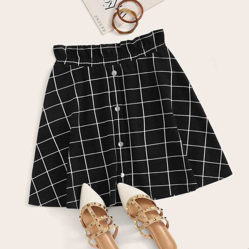 

Paperbag Waist Button Front Grid Skirt, Black