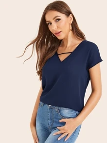 SHEIN LUNE Solid Short Sleeve Peekaboo Top - Navy Blue - View 4