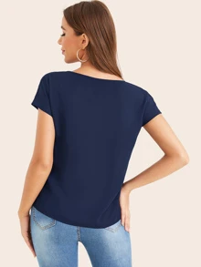 SHEIN LUNE Solid Short Sleeve Peekaboo Top - Navy Blue - View 2