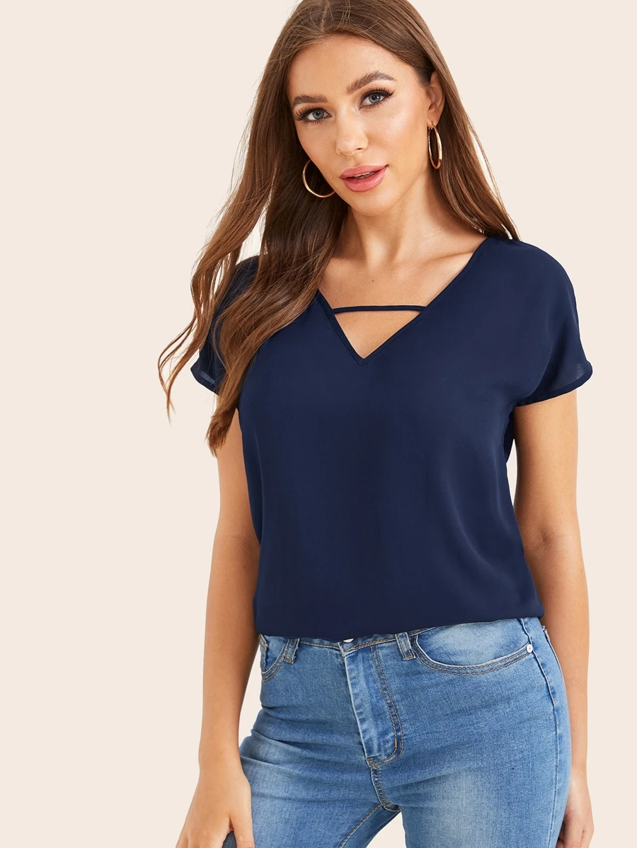 SHEIN LUNE Solid Short Sleeve Peekaboo Top - Navy Blue - View 1