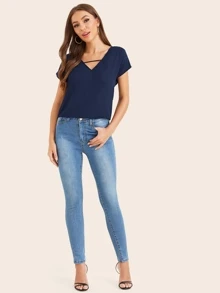 SHEIN LUNE Solid Short Sleeve Peekaboo Top - Navy Blue - View 3