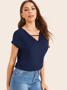 SHEIN LUNE Solid Short Sleeve Peekaboo Top - Navy Blue - View 5