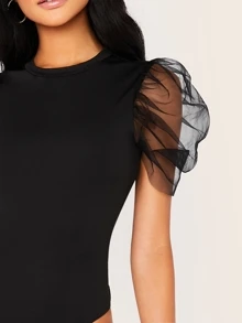 SHEIN Privé Sheer Mesh Puff Sleeve Skinny Bodysuit - Black - View 4