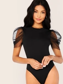 SHEIN Privé Sheer Mesh Puff Sleeve Skinny Bodysuit - Black - View 1