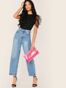 SHEIN Privé Sheer Mesh Puff Sleeve Skinny Bodysuit - Black - View 5