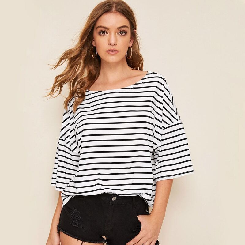 

Drop Shoulder Striped Tee, White