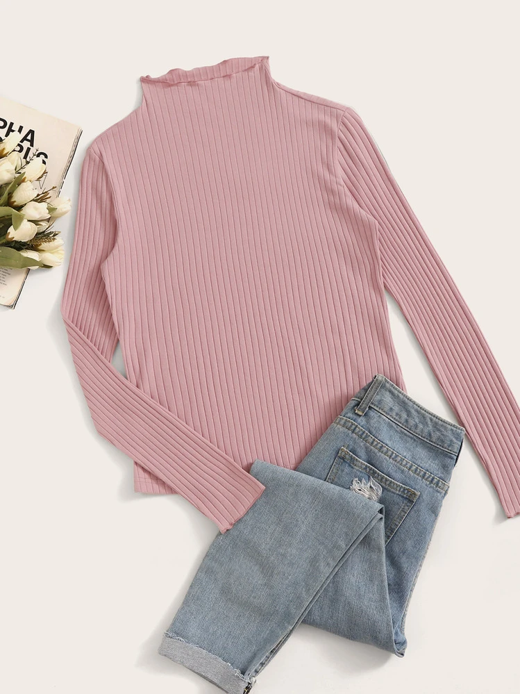 SHEIN EZwear 小高領羅紋針織合適合身上衣 - 藕粉色 - 查看 1
