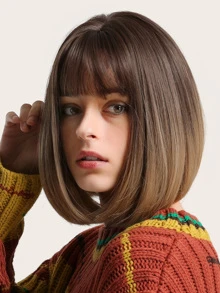 Pelucas Haircube De 12 Pulgadas De Color Marrón Degradado Para Mujeres, Pelucas Cortas Y Rectas Con Flequillo, Peinado Corto Y Temperamental, Pelucas Sintéticas Hermosas Y De Moda Resistentes Al Calor - Marrón - Ver 4