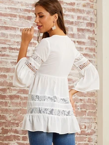 Solid Lace Insert Ruffle Hem Top - White - View 2