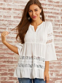 Solid Lace Insert Ruffle Hem Top - White - View 3