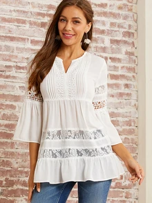 Solid Lace Insert Ruffle Hem Top - White - View 4