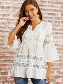 Solid Lace Insert Ruffle Hem Top - White - View 1