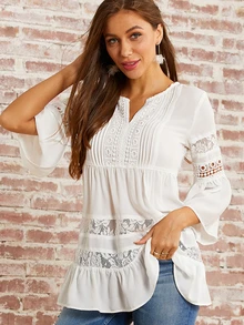 Solid Lace Insert Ruffle Hem Top - White - View 5