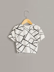 SHEIN Girls Geo Print Twist Hem Textured Top - White - View 2