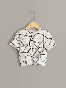 SHEIN Girls Geo Print Twist Hem Textured Top - White - View 1
