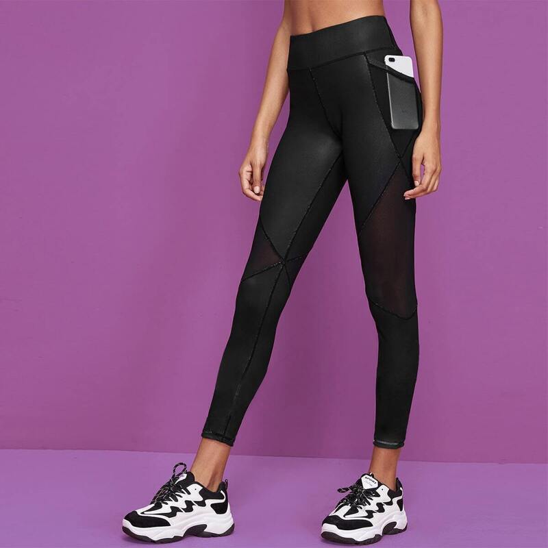 

Cut And Sew Mesh Panel Leggings, Black