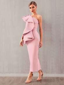 Robe crayon asymétrique avec volants exaggérés - Rose pâle - Voir 3