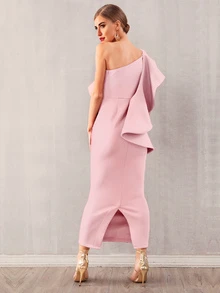 Robe crayon asymétrique avec volants exaggérés - Rose pâle - Voir 2