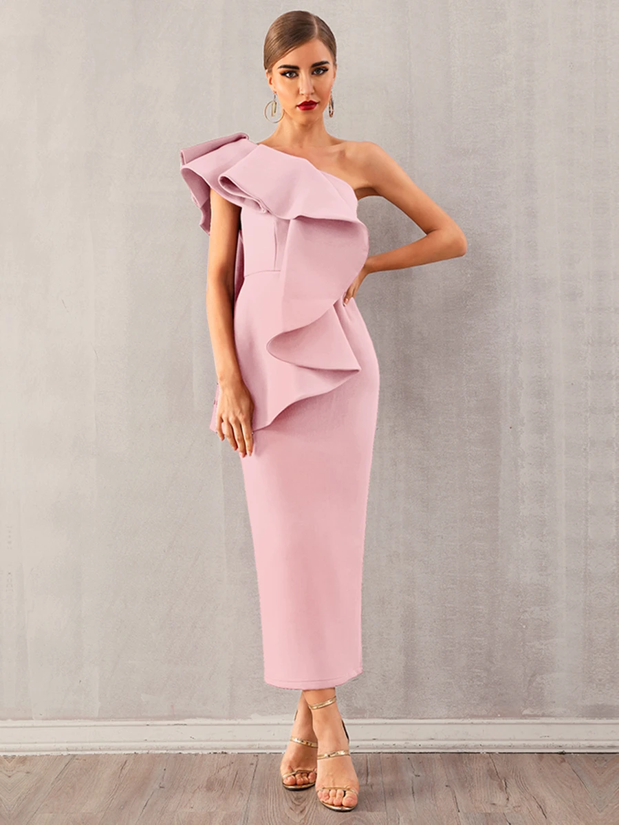 Robe crayon asymétrique avec volants exaggérés - Rose pâle - Voir 1