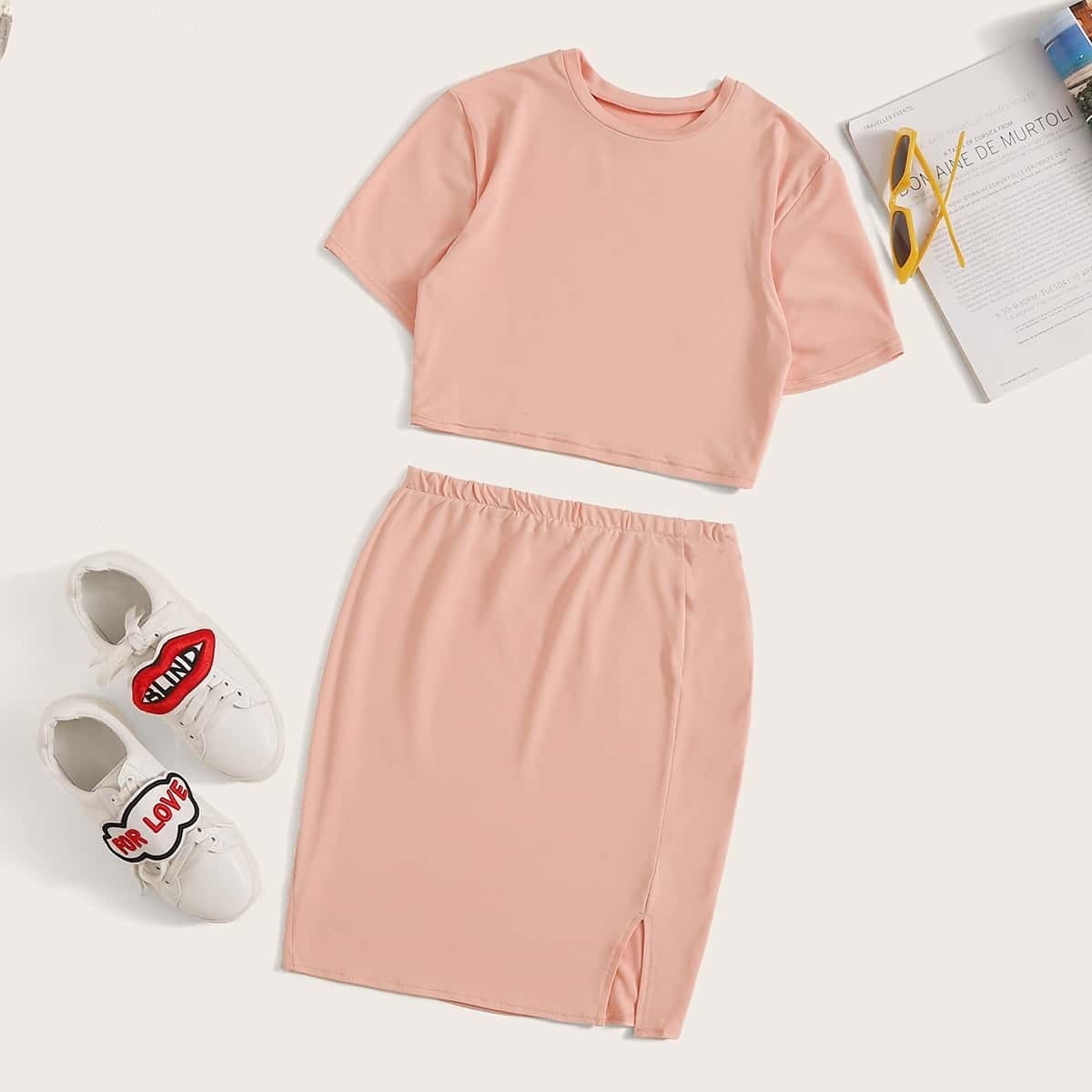 

Solid Crop Top With Split Front Skirt, Pink